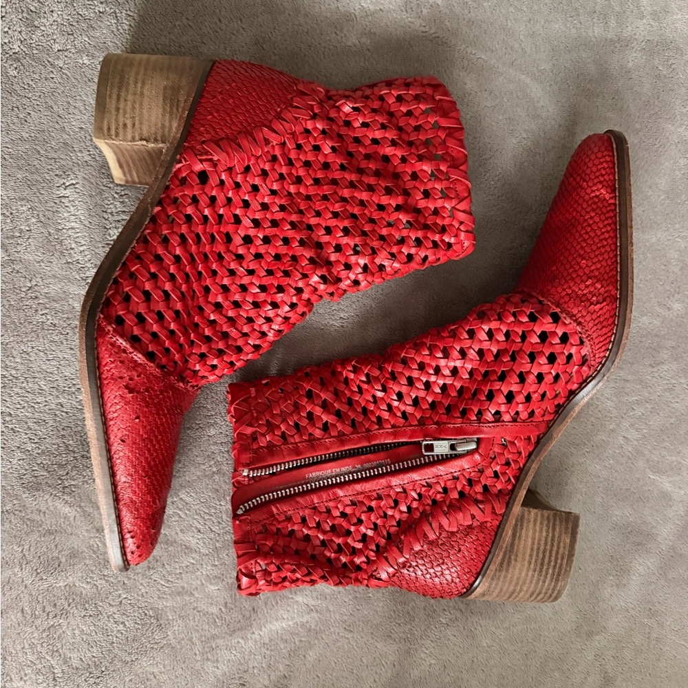 Free People Red Woven Leather Ankle Booties with Side Zip
